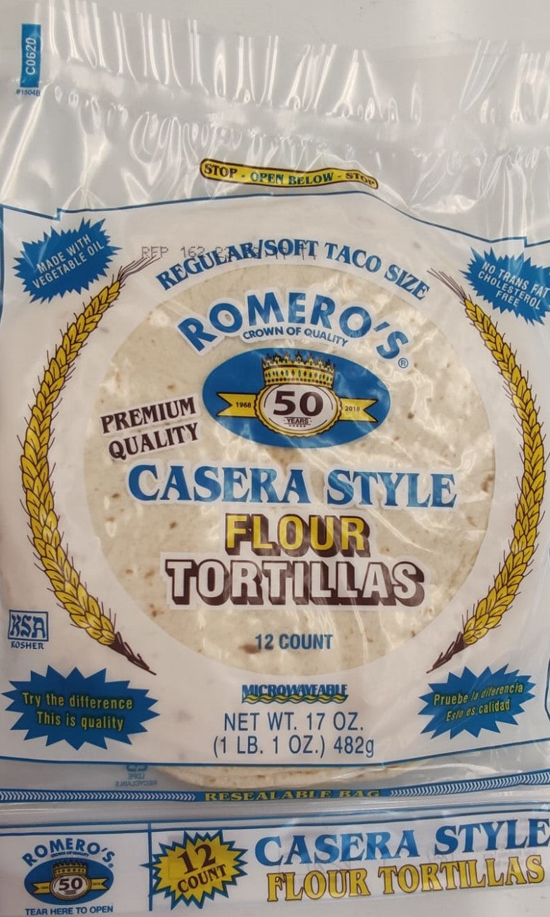 Romero's Flour Tortillas - Casera Style. -8" 12ct/ 482g.