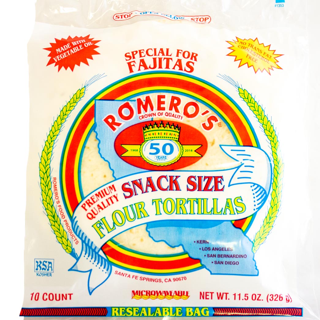 Romero's Flour Tortillas Snack Size- Tortilla de Harina para Fajitas-6.6" 10ct/ 326g.