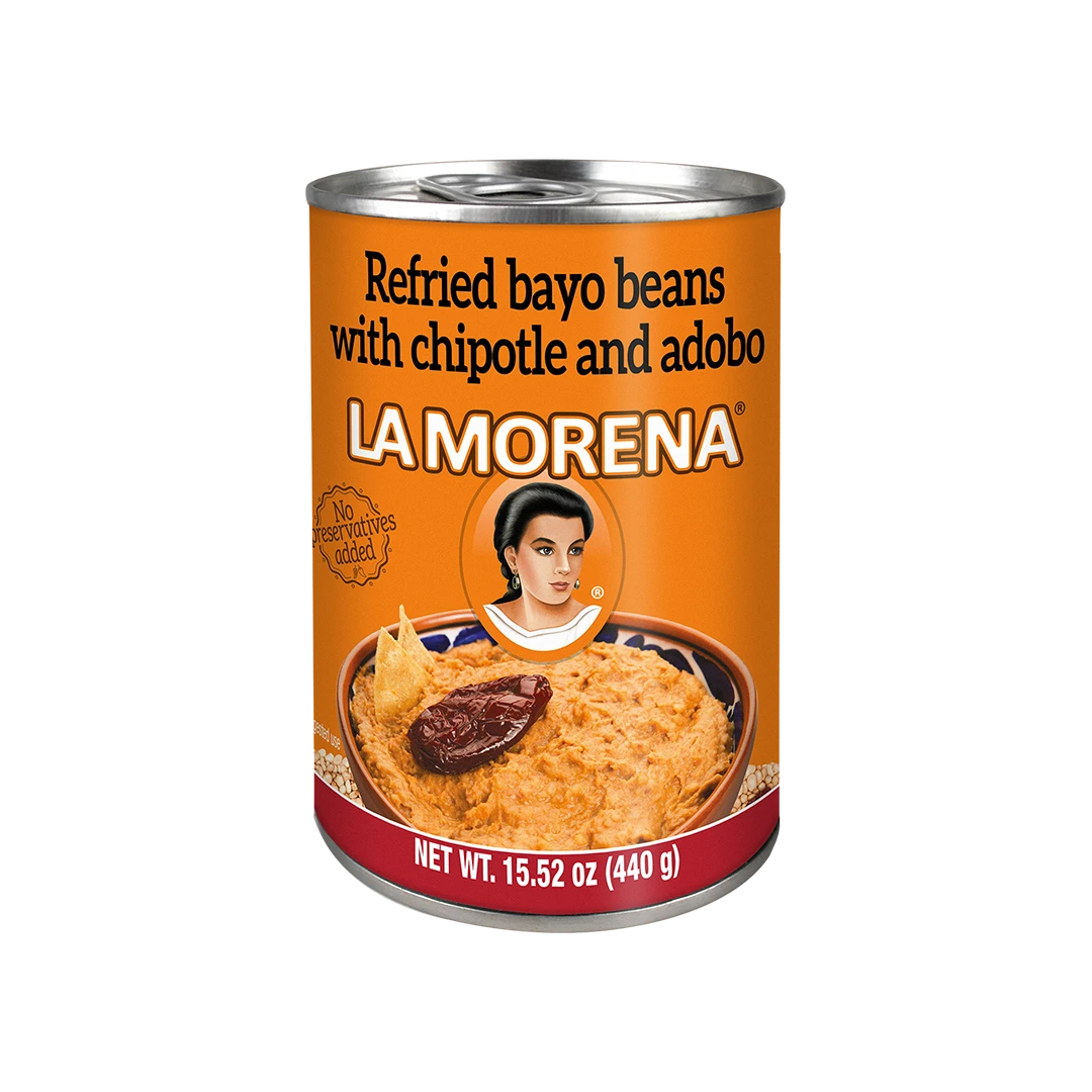 La Morena Frijoles Bayos Refritos con Chipotle y Adobo – Refried Bayo Beans with Chipotle and Adobo 15.52oz