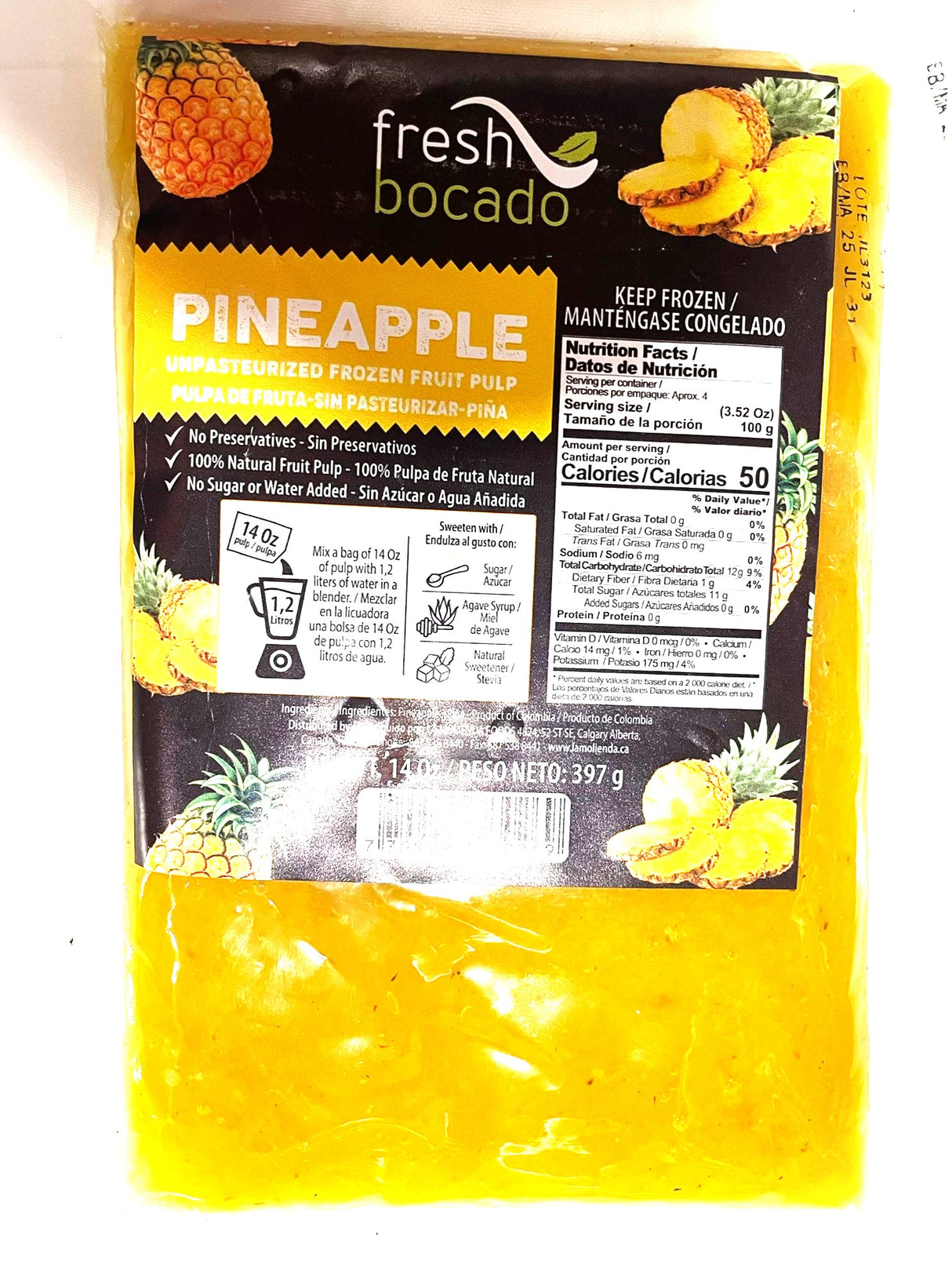 Fresh Bocado Pulpa de Fruta de Piña - Pineapple Fruit Pulp 14oz