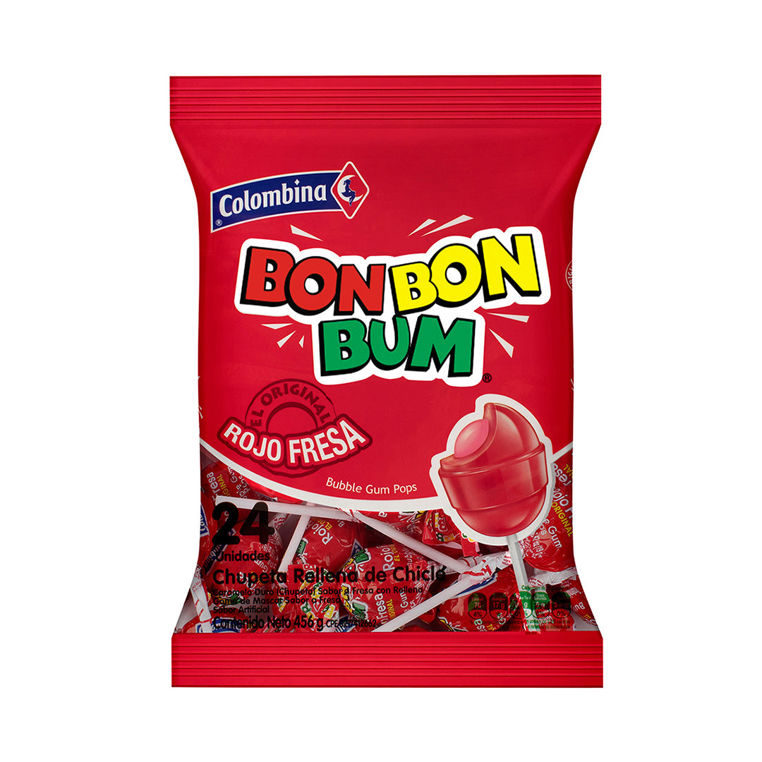 Colombina Bon Bon Bum Chupetas de Fresa  - Strawberry Bubble Gum Pops 400g