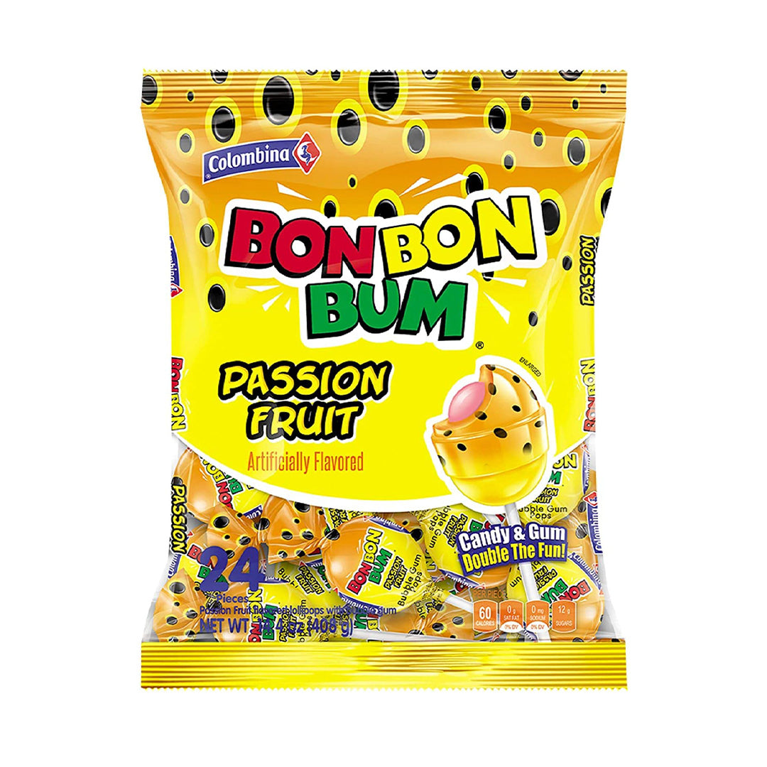 Colombina Bon Bon Bum Chupetas de Maracuya - Passion Fruit Bubble Gum Pops 400g