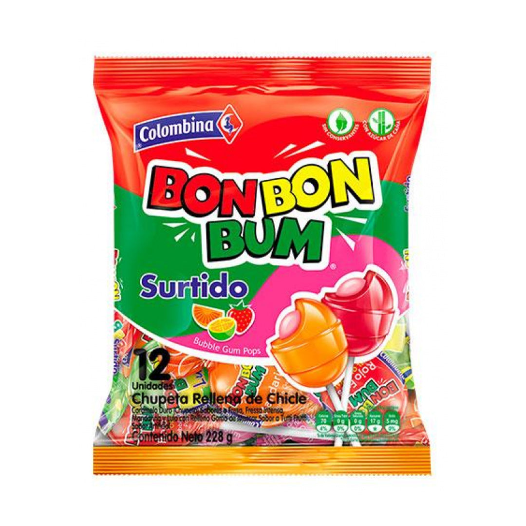 Colombina Bon Bon Bum Chupetas Surtidas - Assorted Bubble Gum Pops 400g